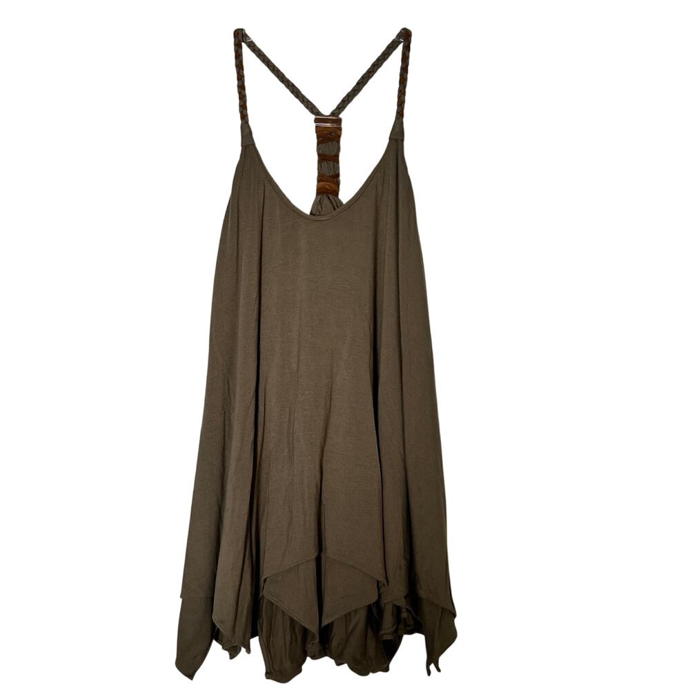 SKY Boho Racerback Top Brown Women's Size Medium Festival Braided Feather Accent